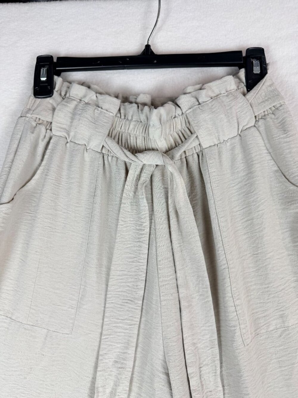 IWollence Women’s L Beige Wide Leg Paperbag Pants Tie Waist Casual Boho - Picture 9 of 11